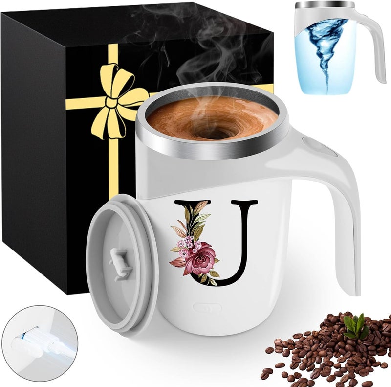 MNZZ Initial Magnetic Stirring Coffee Mug Stainless Insulated Travel Cup Women Xmas Birthday Great Gift Mom Grandma Mimi Nana Gigi Grandmother Big Sister Law God Mother Day Aunt Practical Retirement,U - Image 1